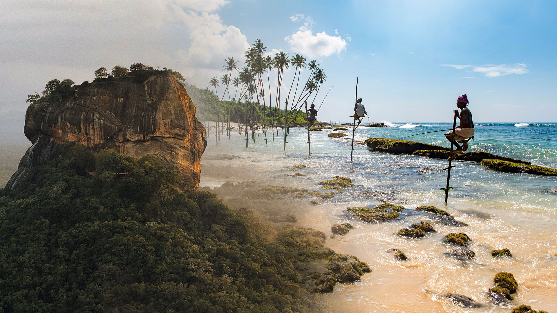 A panoramic view showcasing iconic Sri Lanka holiday packages, blending the ancient Sigiriya Rock Fortress rising above lush greenery with traditional stilt fishermen on a tropical beach
