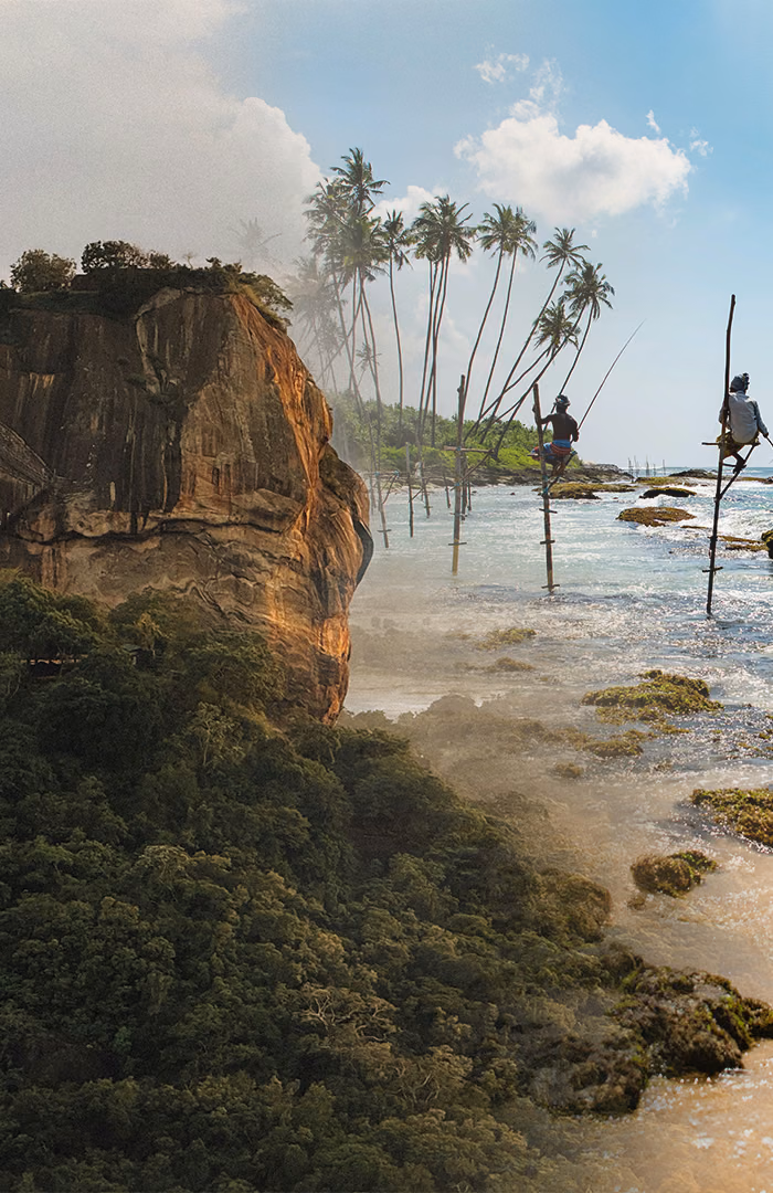 A panoramic view showcasing iconic Sri Lanka holiday packages, blending the ancient Sigiriya Rock Fortress rising above lush greenery with traditional stilt fishermen on a tropical beach